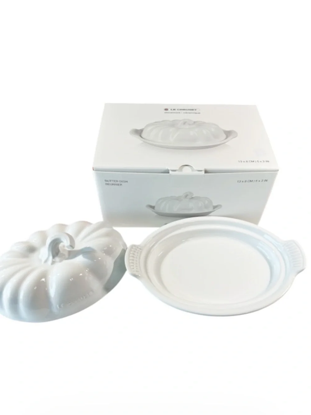 Le Creuset CERAMIC PUMPKIN BUTTER DISH with Lid - WHITE 5”x3”